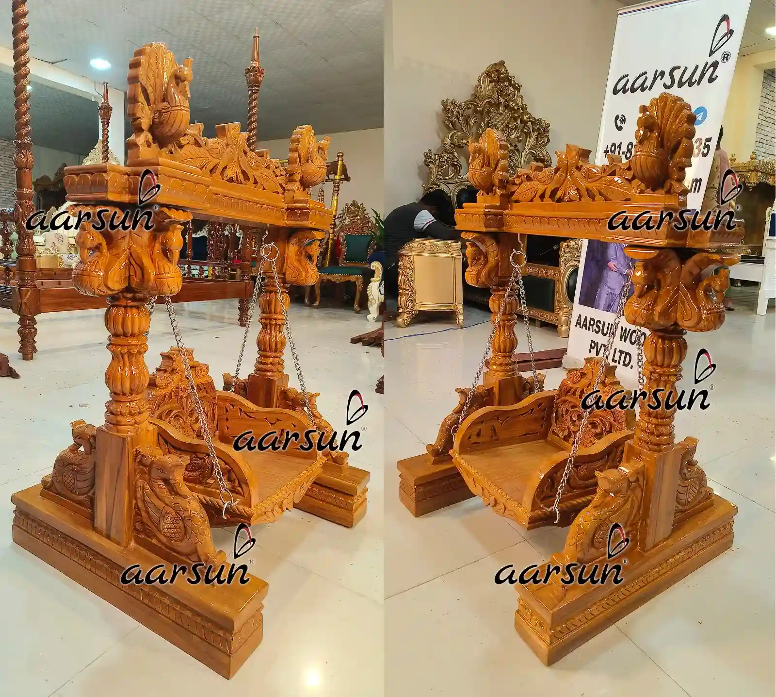 Wooden Shree Krishna Jhula in Natural Polish view 3