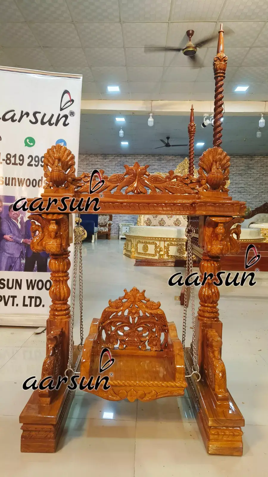 Wooden Shree Krishna Jhula in Natural Polish view 4