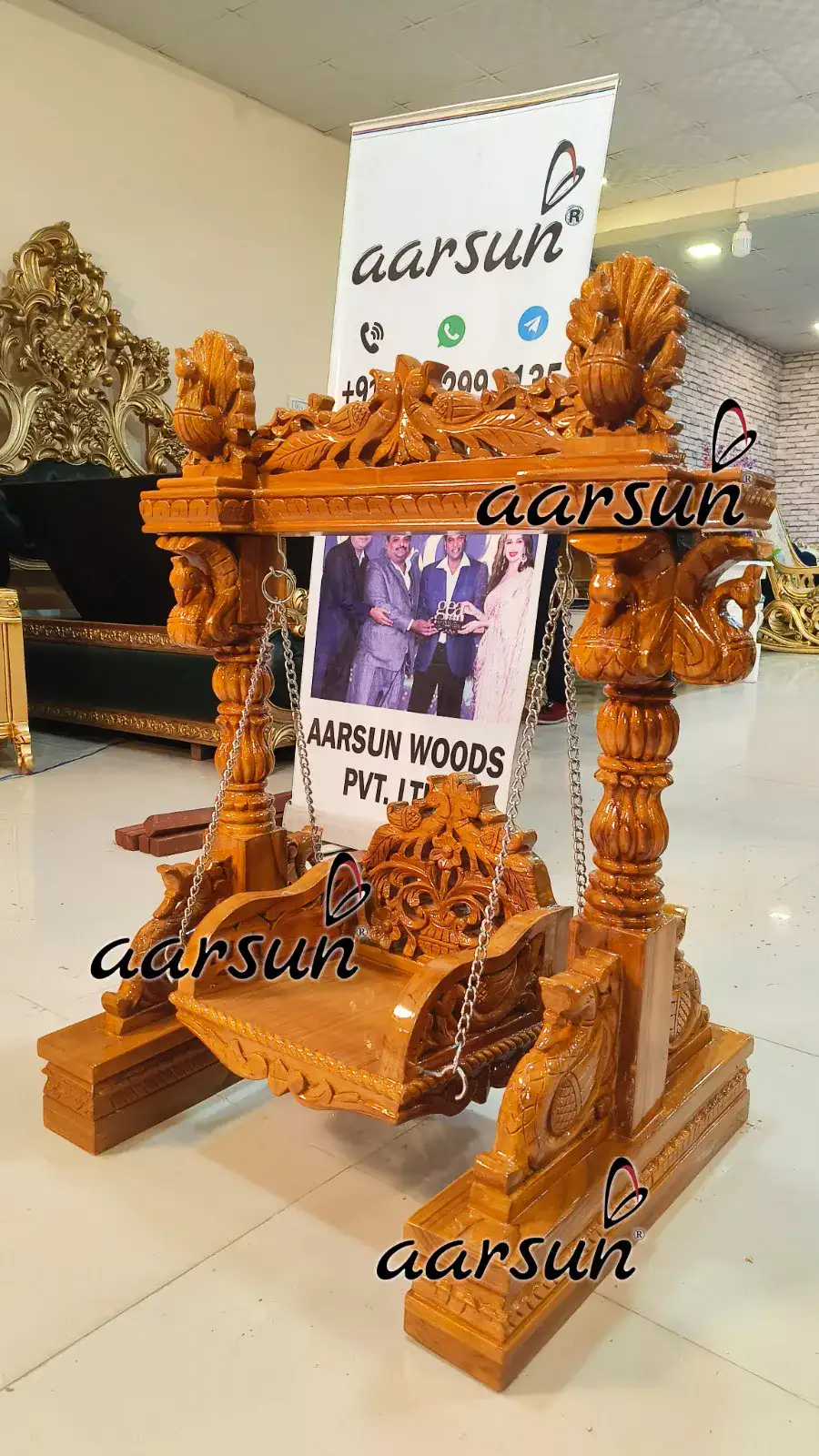 Wooden Shree Krishna Jhula in Natural Polish view 7